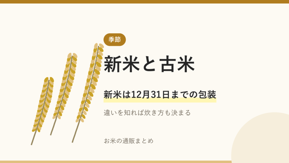 新米と古米の解説記事のアイキャッチ画像。稲穂のイラストと「新米は12月31日までの包装」の文字